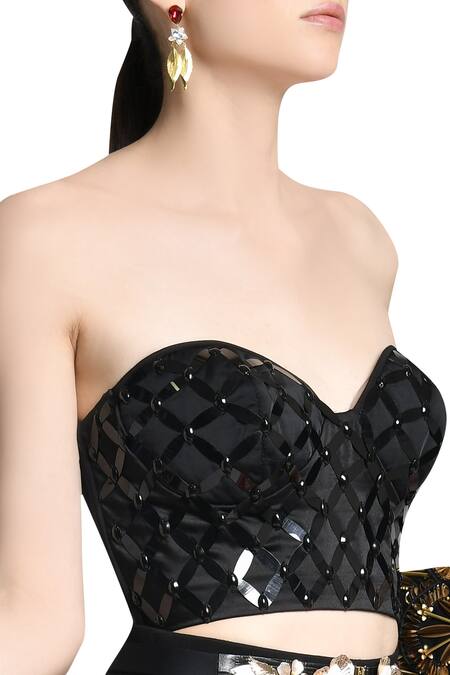 Shivan & Narresh_Black Embellished And Blade Mesh Skein Bustier_Online_at_Aza_Fashions