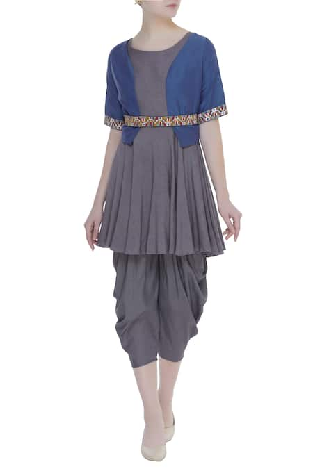 Bohame Blue Silk Embroidered Thread Kurta Sleeveless Peplum With Dhoti And Jacket 