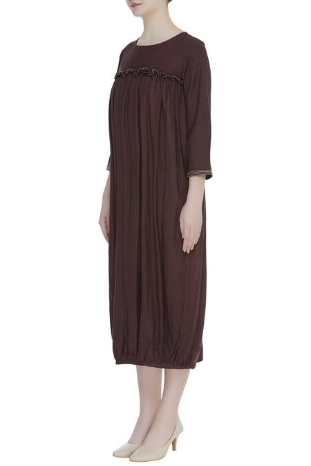 Bohame_Brown Linen Round Midi Dress _Online_at_Aza_Fashions