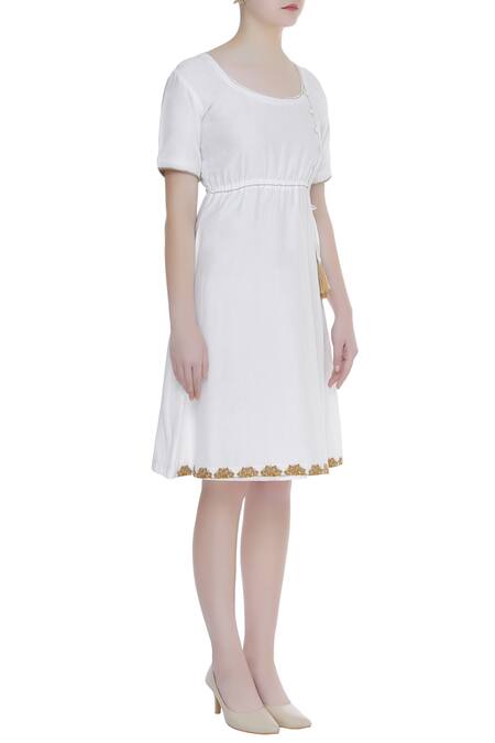 Bohame_White Silk Floral Motifs Round Work Flared Dress _Online_at_Aza_Fashions