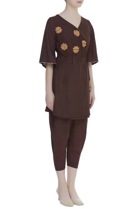 Bohame_Brown Silk Thread V Neck Embroidered Kurta Set_Online_at_Aza_Fashions
