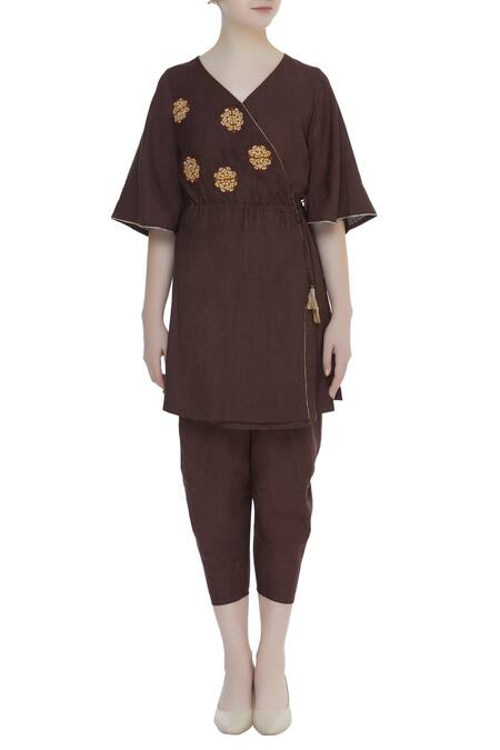 Shop_Bohame_Brown Silk Thread V Neck Embroidered Kurta Set_Online_at_Aza_Fashions