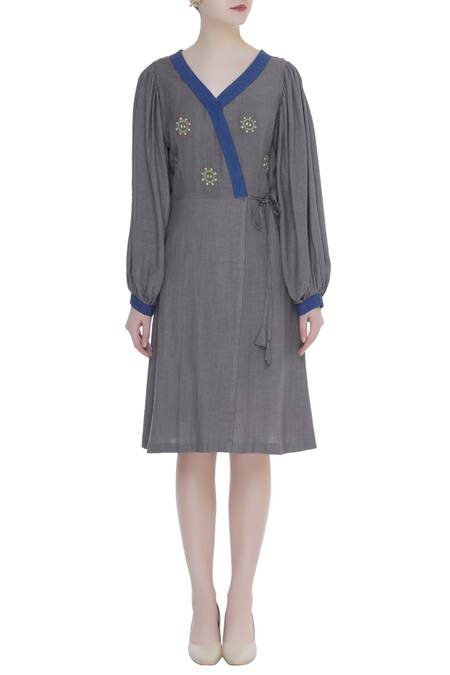 Shop_Bohame_Blue Linen Flower Motif V Neck Wrap Midi Dress With Embroidery _Online_at_Aza_Fashions