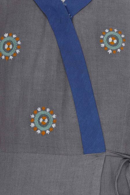 Bohame_Blue Linen Flower Motif V Neck Wrap Midi Dress With Embroidery _at_Aza_Fashions