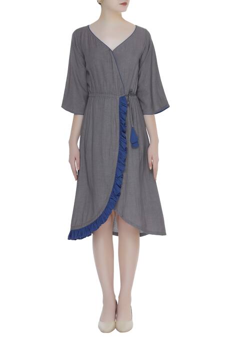 Shop_Bohame_Blue Linen V Neck Wrap Dress With Frill Detail _Online_at_Aza_Fashions