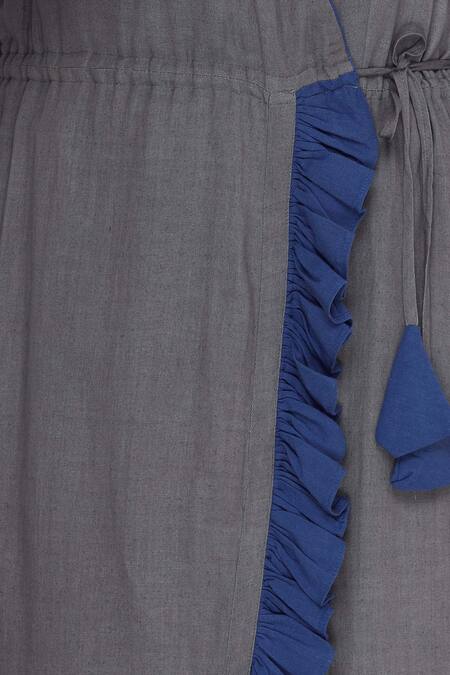 Bohame_Blue Linen V Neck Wrap Dress With Frill Detail _at_Aza_Fashions