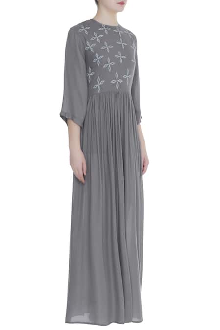 Bohame_Grey Crepe Round Block Printed Pleated Maxi Dress _Online_at_Aza_Fashions