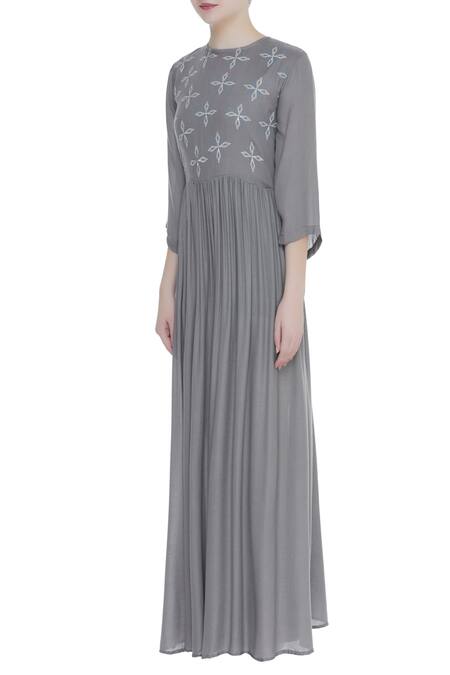 Buy_Bohame_Grey Crepe Round Block Printed Pleated Maxi Dress _Online_at_Aza_Fashions