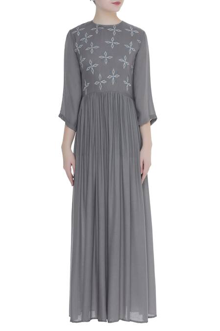 Shop_Bohame_Grey Crepe Round Block Printed Pleated Maxi Dress _Online_at_Aza_Fashions