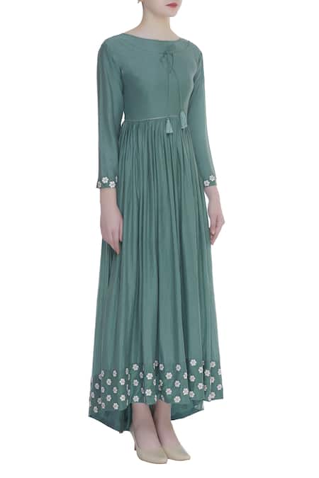 Bohame_Green Silk Flower Motif Round Embroidered Maxi Dress _Online_at_Aza_Fashions