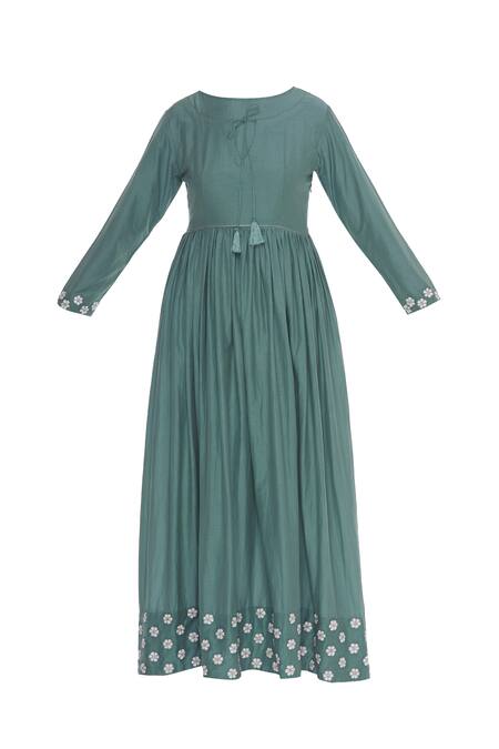 Buy_Bohame_Green Silk Flower Motif Round Embroidered Maxi Dress _Online_at_Aza_Fashions