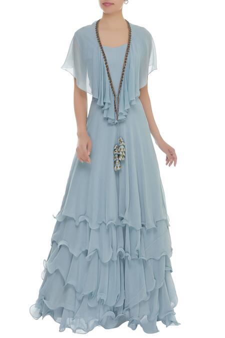 Aksh Blue Sequin Embroidered Layered Gown