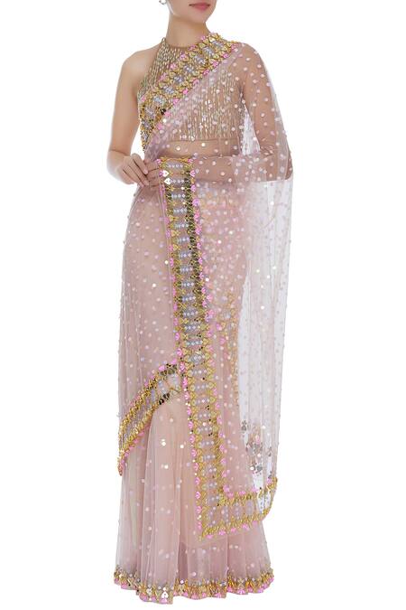 Papa Dont Preach_Cream Tulle Sequins, Acrylic Mirrors Halter Embellished Saree With Blouse_Online_at_Aza_Fashions