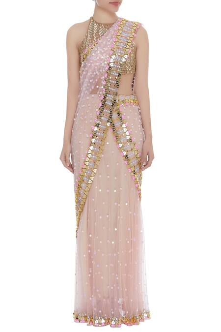 Buy_Papa Dont Preach_Cream Tulle Sequins, Acrylic Mirrors Halter Embellished Saree With Blouse_Online_at_Aza_Fashions