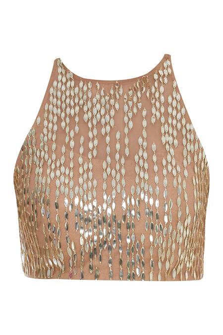 Shop_Papa Dont Preach_Cream Tulle Sequins, Acrylic Mirrors Halter Embellished Saree With Blouse_Online_at_Aza_Fashions