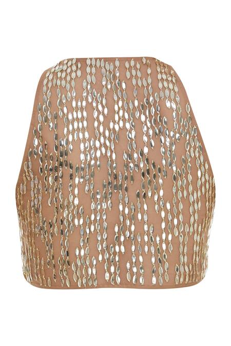 Papa Dont Preach_Cream Tulle Sequins, Acrylic Mirrors Halter Embellished Saree With Blouse_at_Aza_Fashions