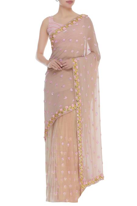 Papa Dont Preach_Beige Embroidered Saree With Blouse_Online_at_Aza_Fashions