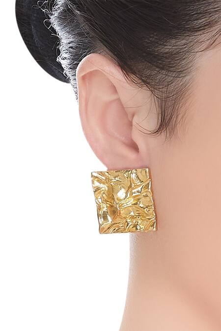 Shop_Flower Child By Shaheen Abbas_Gold Plated Geometric Earrings_at_Aza_Fashions