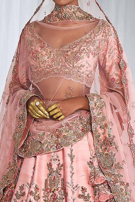 Dolly J_Pink Silk Embroidery Plunge Neck Hazel Raw Bridal Lehenga Set _Online_at_Aza_Fashions