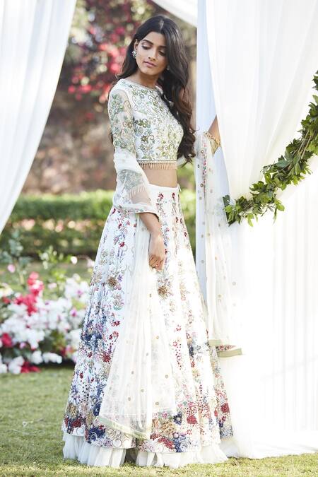 Shop_Varun Bahl_White Embroidered Lehenga Set_at_Aza_Fashions