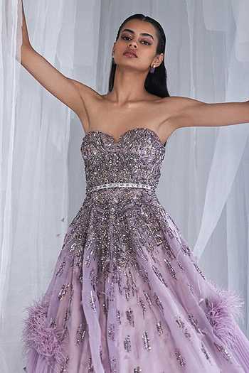 Buy Purple Silk Tissue Embroidered Feathers Sweetheart Pearl Dazzle Gown  For Women by Dolly J Online at Aza Fashions.
