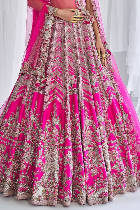 Buy_Dolly J_Fuchsia Silk Embroidery, Sequins V-neck Cynthia Raw Bridal Lehenga Set _Online_at_Aza_Fashions