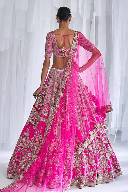 Shop_Dolly J_Fuchsia Silk Embroidery, Sequins V-neck Cynthia Raw Bridal Lehenga Set _Online_at_Aza_Fashions