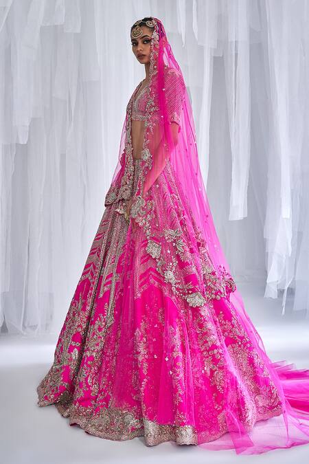 Dolly J_Fuchsia Silk Embroidery, Sequins V-neck Cynthia Raw Bridal Lehenga Set _at_Aza_Fashions
