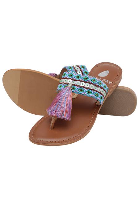 Sole Fry_Multi Color Aztec Embroidered Tassel Slip On Sandals_Online_at_Aza_Fashions
