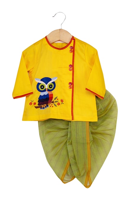 Minikin Yellow Chanderi, Cotton Embroidery Owl Motif Kurta With Dhoti 