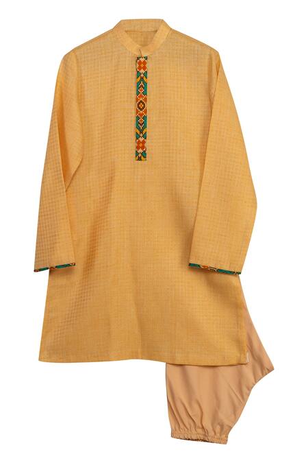 Buy_Minikin_Yellow Cotton, Silk Embroidery, Patola Print Jacket With Kurta And Churidaar_Online_at_Aza_Fashions