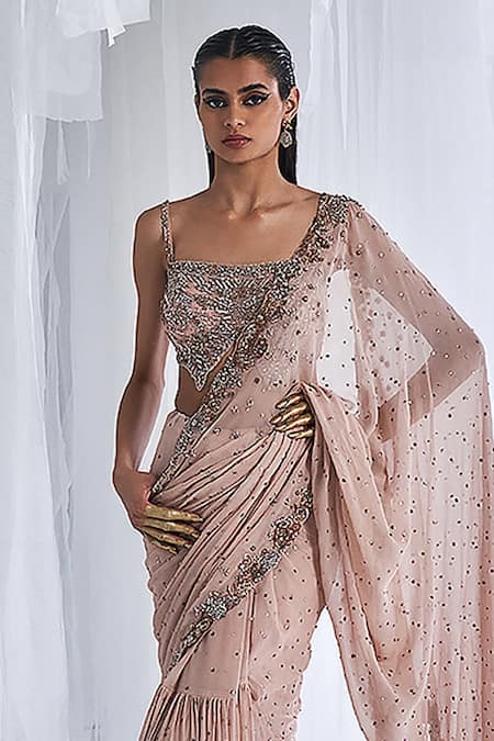 Dolly J_Ivory Chiffon Embroidery Square Shanayah Kamdani Pre-stitched Saree With Corset _Online_at_Aza_Fashions