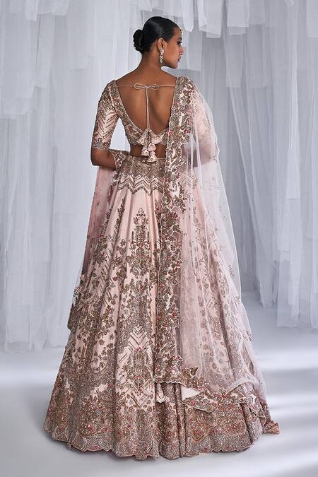 Shop_Dolly J_Pink Silk, Chiffon Embroidery, Pearls, Zari Raisa Raw Bridal Lehenga Set _Online_at_Aza_Fashions
