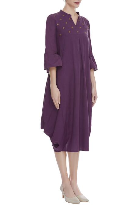 Sagaa By Vanita Purple Cotton Linen Sequin Embroidered Draped Dress Online at Aza Fashions Sagaa By Vanita_Purple Cotton Linen Sequin Embroidered Draped Dress_Online_at_Aza_Fashions