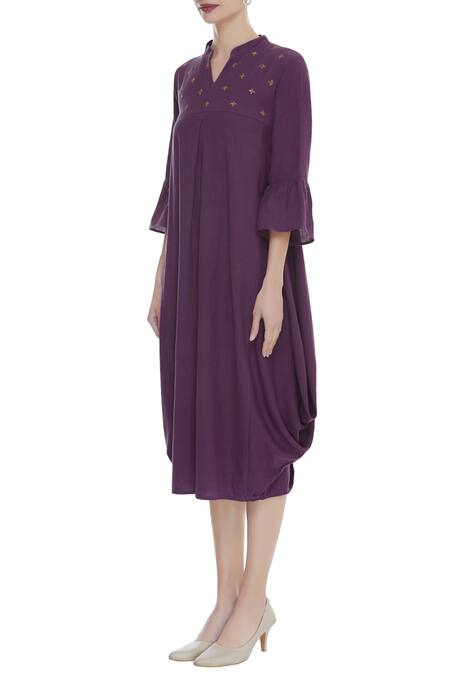 Buy Sagaa By Vanita Purple Cotton Linen Sequin Embroidered Draped Dress Online at Aza Fashions Buy_Sagaa By Vanita_Purple Cotton Linen Sequin Embroidered Draped Dress_Online_at_Aza_Fashions