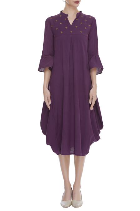 Shop Sagaa By Vanita Purple Cotton Linen Sequin Embroidered Draped Dress Online at Aza Fashions Shop_Sagaa By Vanita_Purple Cotton Linen Sequin Embroidered Draped Dress_Online_at_Aza_Fashions