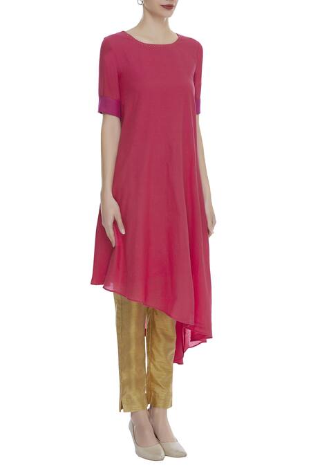 Sagaa By Vanita Pink Cotton Mal Embroidered Round Neckline Asymmetric Two Toned Kurta Online at Aza Fashions Sagaa By Vanita_Pink Cotton Mal Embroidered Round Neckline Asymmetric Two Toned Kurta_Online_at_Aza_Fashions
