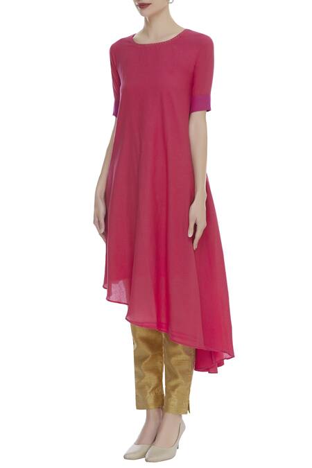 Buy Sagaa By Vanita Pink Cotton Mal Embroidered Round Neckline Asymmetric Two Toned Kurta Online at Aza Fashions Buy_Sagaa By Vanita_Pink Cotton Mal Embroidered Round Neckline Asymmetric Two Toned Kurta_Online_at_Aza_Fashions