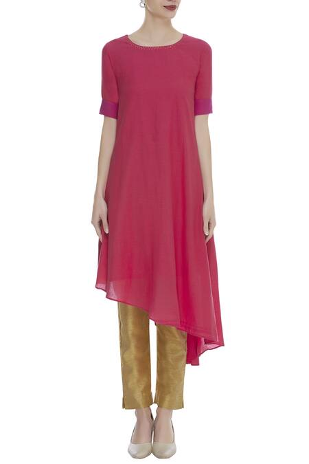 Shop Sagaa By Vanita Pink Cotton Mal Embroidered Round Neckline Asymmetric Two Toned Kurta Online at Aza Fashions Shop_Sagaa By Vanita_Pink Cotton Mal Embroidered Round Neckline Asymmetric Two Toned Kurta_Online_at_Aza_Fashions