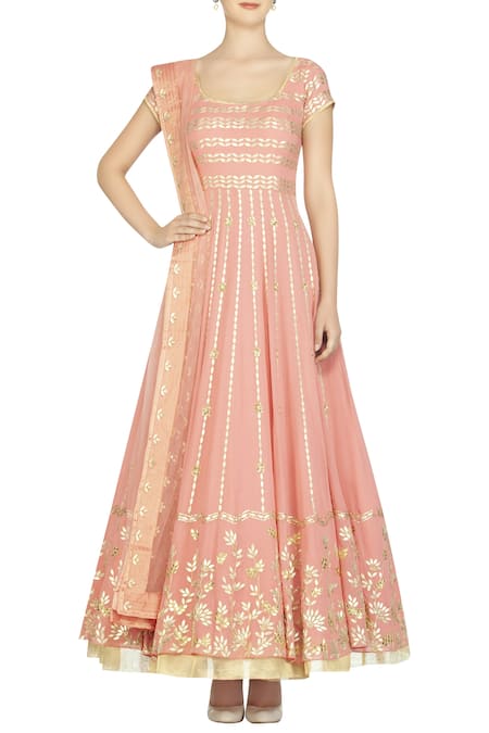 Devnaagri Pink Georgette Embroidered Anarkali Kurta With Embellished Dupatta And Churidar 