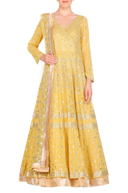 Devnaagri Yellow Georgette Embroidered Floral Collared Anarkali Kurta Set 