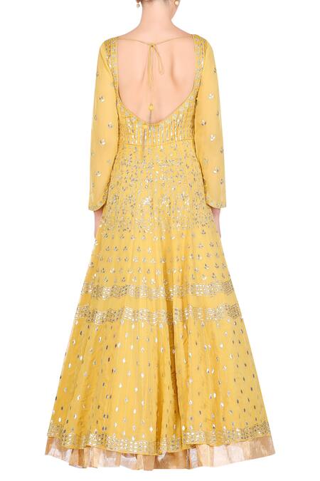 Shop Devnaagri Yellow Chanderi, Georgette, Lycra Floral Collared Embroidered Anarkali Kurta Set at Aza Fashions Shop_Devnaagri_Yellow Chanderi, Georgette, Lycra Floral Collared Embroidered Anarkali Kurta Set_at_Aza_Fashions