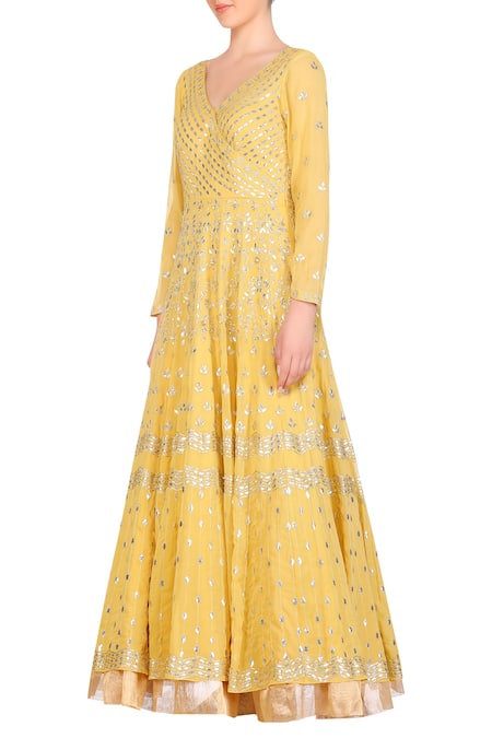 Devnaagri Yellow Chanderi, Georgette, Lycra Floral Collared Embroidered Anarkali Kurta Set Online at Aza Fashions Devnaagri_Yellow Chanderi, Georgette, Lycra Floral Collared Embroidered Anarkali Kurta Set_Online_at_Aza_Fashions