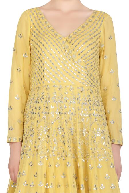 Devnaagri_Yellow Chanderi, Georgette, Lycra Floral Collared Embroidered Anarkali Kurta Set_at_Aza_Fashions
