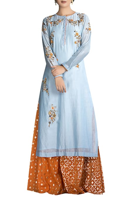 Joy Mitra Embroidered long kurta lehenga set 