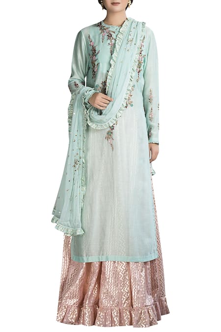 Joy Mitra Blue Chanderi Silk Embroidered Lehenga With Kurta 