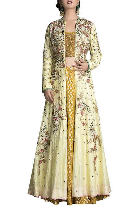 Joy Mitra Yellow Chanderi Silk Embroidered Jacket Lehenga Set 