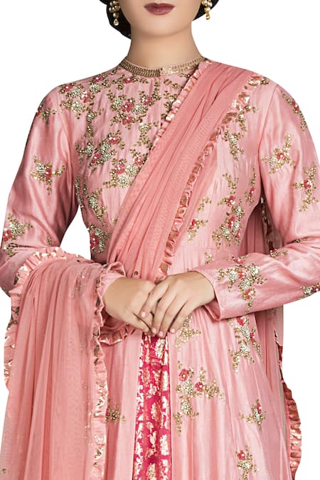 Joy Mitra Floral bead embroidered kurta lehenga set 