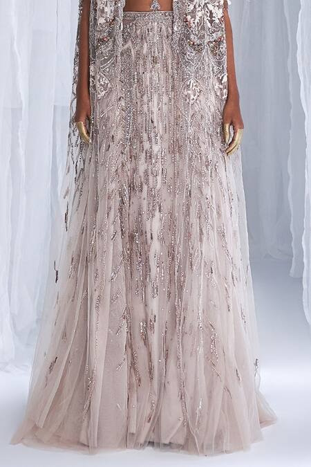 Dolly J_Ivory Tulle Embroidery, Pearls, Zari Plunge Neck, Amethyst Skirt And Jacket Set _Online_at_Aza_Fashions