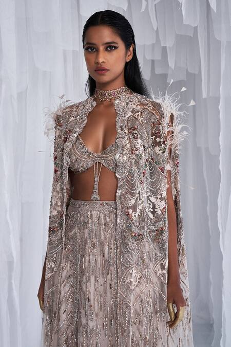 Buy_Dolly J_Ivory Tulle Embroidery, Pearls, Zari Plunge Neck, Amethyst Skirt And Jacket Set _Online_at_Aza_Fashions